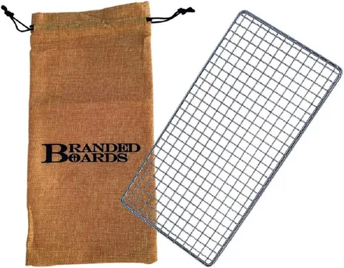 Vista 12 de Parrilla portátil de Bushcraft con rejilla para barbacoa de acero inoxidable, tabla de cortar de bambú, bolsa de arpillera, cuchillo mini, kits