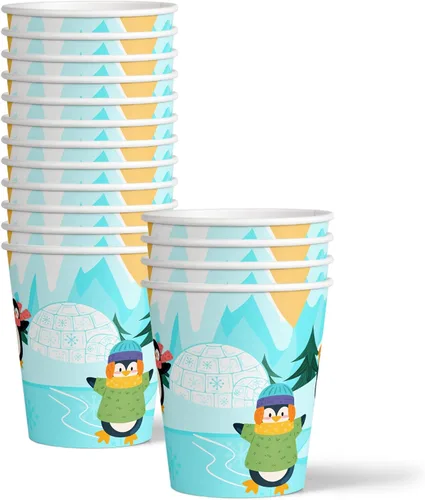 Vista 3 de Juego de suministros para fiesta de cumpleaños de pingüinos, platos, servilletas, vasos, vajilla para 16