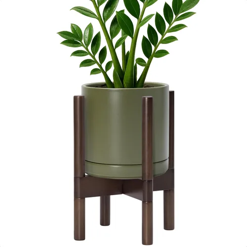 Vista 47 de D'vine Dev Maceta de cerámica con soporte de ébano – Maceta redonda moderna de 8 pulgadas con soporte para maceta de madera, color negro, 55-B-M-2