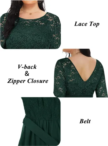 Vista 7 de Vestido formal largo de encaje de manga 34 con espalda en V para mujer