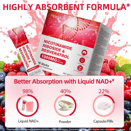 Vista 2 de NAD 1000mg líquido 30 paquetes, suplemento líquido NAD, suplementos NAD para mujeres, ribósido de nicotinamida y resveratrol premium, aumenta