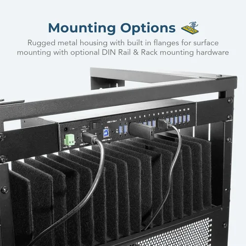 Vista 3 de Coolgear Hub USB 3.2 de 16 puertos con puertos dobles ascendentes, protección contra sobretensiones, bloqueo de tornillo, montaje en rack y riel DIN