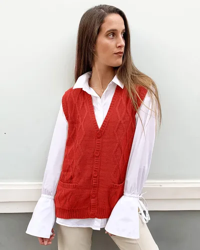 Vista 3 de TINKUY PERU - Chaleco de lana de alpaca con cuello en V y rombos para mujer, tallas S-4XL