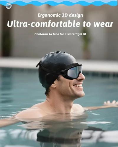 Vista 7 de Gafas de natación antivaho anti UV, visión amplia y sin fugas, gafas de natación y gorro de natación para hombres, mujeres, adultos y jóvenes