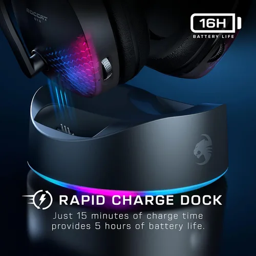 Vista 2 de ROCCAT Syn Max Air PC Wireless 3D Audio RGB - Auriculares para juegos, conexiones inalámbricas y Bluetooth simultáneas, batería de 16 horas y base