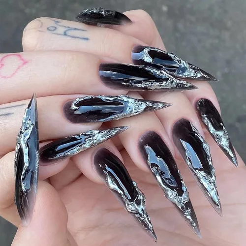 Vista 17 de MISUD Uñas a presión largas tipo Stiletto con pegamento de Rojo Gótico y Negro, diseño gótico cruzado acrílico, 24 piezas 02301Negro y Rojo