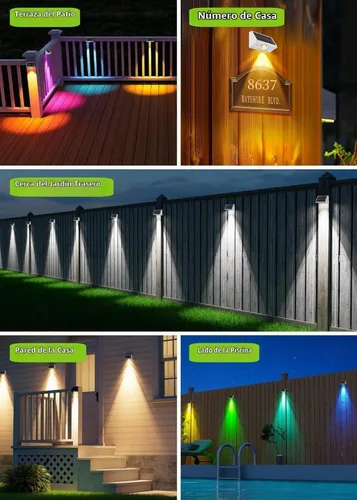 Vista 8 de Luces solares para valla al aire libre, impermeables, LED de alto brillo con lente spot, luces para cubierta, 7 modos blanco cálido y frío RGB
