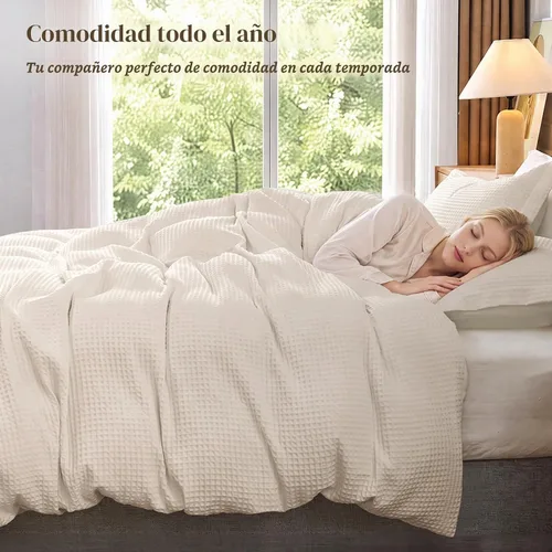 Vista 8 de JOLLYVOGUE Juego de funda de edredón de ondas de gofre, tamaño matrimonial Beige (sin edredón)