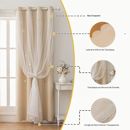 Vista 4 de Cortinas opacas con recortes de estrellas para dormitorio de niñas y niños, cortina de doble capa con aislamiento térmico y superposición Beige