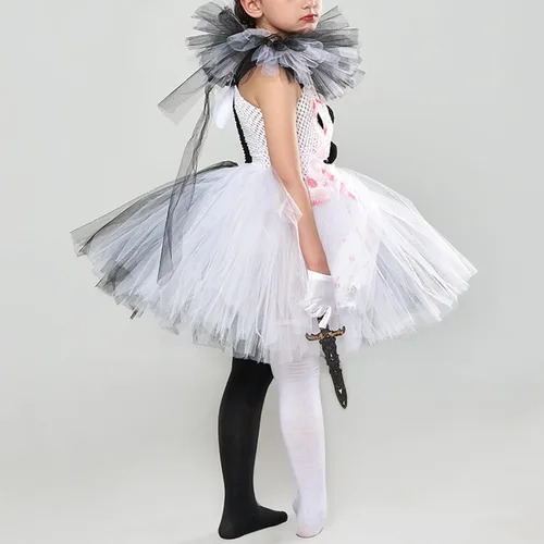 Vista 5 de Disfraz de payaso asesino espeluznante para niñas pequeñas, disfraz de Halloween, vestido de tul, cuchillo, calcetines, guantes, horquilla, disfraz