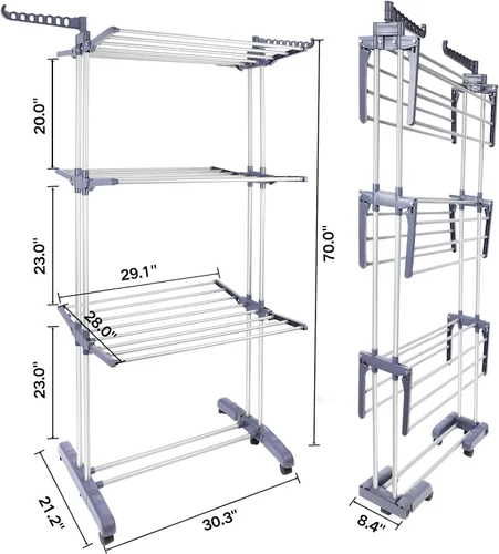Vista 5 de Estante de secado de ropa resistente, estante de secado de ropa plegable de 4 niveles de 70 pulgadas de alto, estante de secado independiente