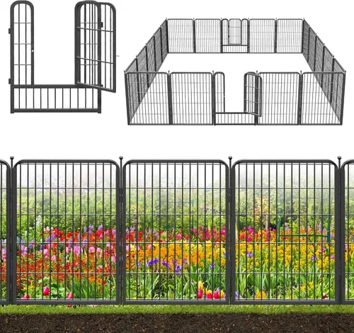 Vista 9 de Valla decorativa de metal negro para jardín con puerta, 4.5 pies de largo x 32 pulgadas de alto, 2 paneles de valla sin excavación, valla de barrera