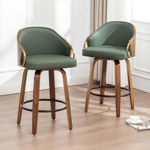 Vista 12 de Taburetes de bar giratorios de 24.8 pulgadas, taburetes de bar de cuero negro, sillas de bar modernas de mediados de siglo con patas de madera
