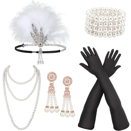 Vista 18 de DRESHOW Juego de accesorios del Gran Gatsby de los años 20 para mujer, accesorios de disfraz de flapper, diadema de plumas, juego de accesorios de 1