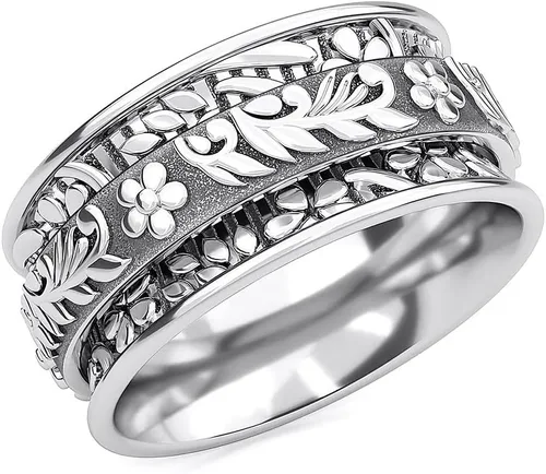 Vista 13 de 925 Sterling Silver Spinner Anxiety Fidget Ring for Women 3 rayas y flores