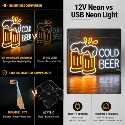 Vista 3 de Letrero de neón de cerveza fría para negocios y bar en casa, luz LED de PET flexible duradera para pub, cueva de hombre, garaje, regalo único