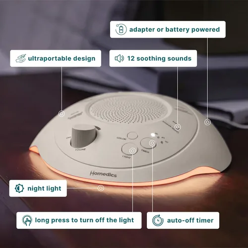 Vista 4 de Homedics Sleep Better - Máquina de sonido portátil, luz nocturna, 12 sonidos relajantes incluyendo ruido blanco, lluvia y tormenta eléctrica, diseño