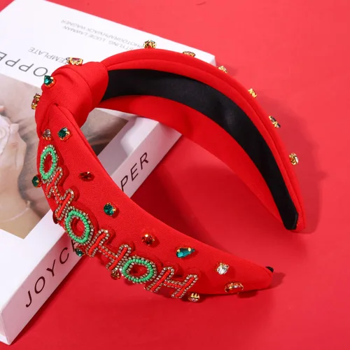 Vista 6 de Diadema de Navidad para mujer, accesorios de Navidad con cuentas, arco de Navidad, árbol, copo de nieve, diadema anudada HOHOHO, rojo y verde, perla