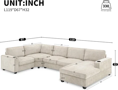 Vista 36 de Moderno sofá modular en forma de U con almohadas para la cintura, sofá cama con diván, sofá tapizado simétrico de felpilla de 6 asientos para sala