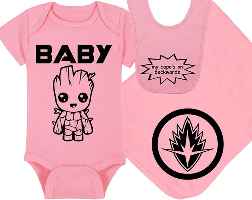 Vista 13 de Baby Groot - Mameluco de superhéroe para bebé, sombrero, manta, combinaciones de paquetes de babero