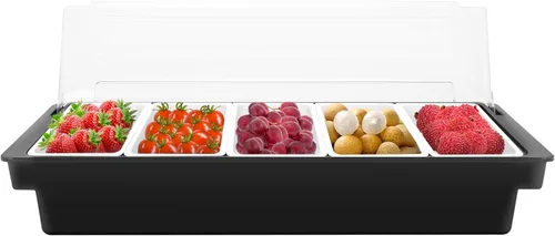 Vista 9 de Dispensador de condimentos de 5 compartimentos, bandeja de comida refrigerada, barra de ensalada, plástico transparente, fácil de limpiar, adecuado