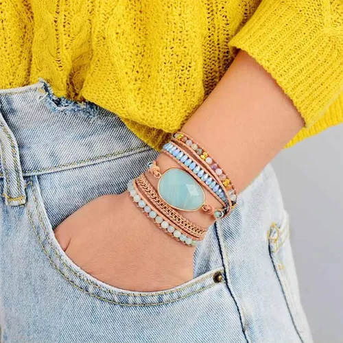 Vista 76 de ZOSOJONA - Pulseras bohemias hechas a mano de piedra natural, que dan vuelta, con cuentas de cristal de turquesa