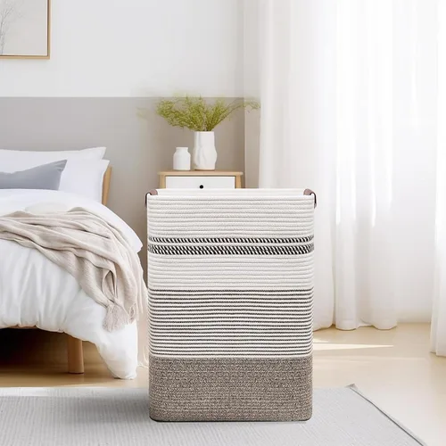 Vista 25 de DOFASAYI Cesta de lavandería grande de 72 litros con asas de cuero, cesta de almacenamiento decorativa para mantas, cesta de ropa para sala