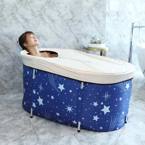Vista 4 de Bañera plegable portátil, tina de baño ecológica, para cabina de ducha, engrosamiento con espuma térmica para mantener la temperatura (XL cielo azul)