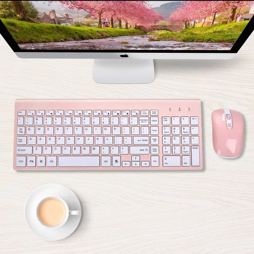 Vista 5 de Cimetech - Juego de teclado y mouse inalámbricos compacto de tamaño completo 2.4G, diseño ultradelgado y elegante para Windows, computadora, Rosa