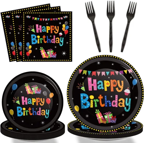 Vista 14 de Tevxj Juego de vajilla de 96 piezas para fiesta mexicana de feliz cumpleaños, platos de postre desechables, platos de fiesta, servilletas, tenedores