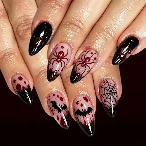 Vista 15 de Paquete de 6 144 uñas acrílicas de Halloween a presión, uñas postizas reutilizables de cobertura completa, uñas postizas adhesivas con pegamento H103