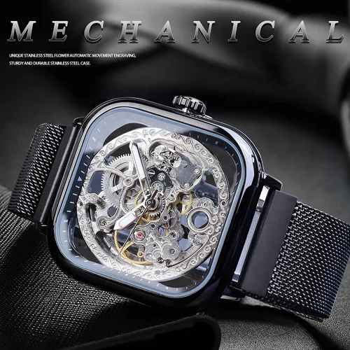 Vista 2 de FORSINING Relojes automáticos Reloj de pulsera mecánico dorado para hombre Relojes de esqueleto con esfera transparente de acero inoxidable