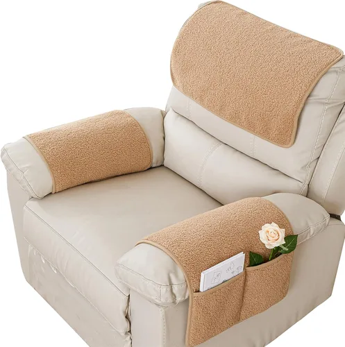 Vista 13 de Funda para Reposabrazos, Protector para Silla Reclinable, Protector para Muebles, Bolsillo de Almacenamiento Lateral, Funda Elástica para Beige