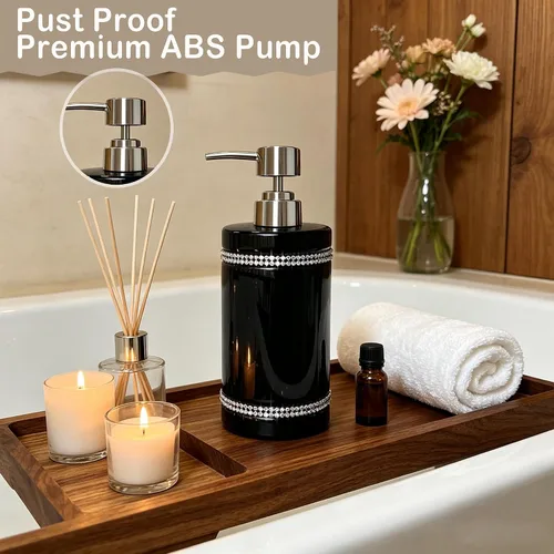 Vista 6 de Dispensador de jabón de cerámica negra con bomba plateada para baño, dispensador de jabón líquido de manos recargable, diseño de moissanita