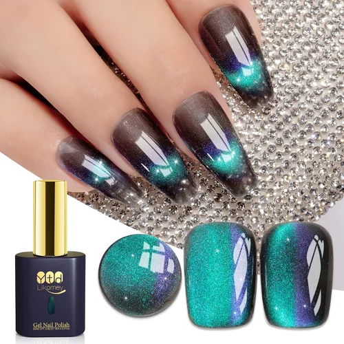Vista 24 de YTD Likomey - Juego de esmaltes de uñas de gel de ojo de gato, 8 colores con purpurina magnética de cristal, borgoña, rojo, negro, verde, ciruela