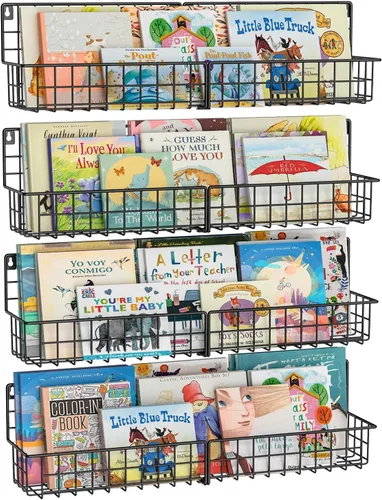Vista 8 de X-cosrack Paquete de 4 estanterías de metal montadas en la pared, estantes flotantes para libros para niños, guardería, aula infantil, organizador