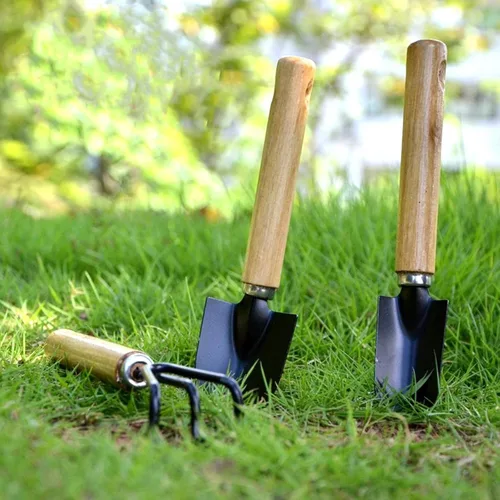Vista 5 de Juego de 3 mini herramientas de jardín, palas pequeñas y rastrillo de mano con mango de madera maciza, herramientas de jardinería