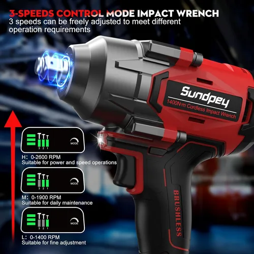 Vista 4 de Sundpey Llave de impacto inalámbrica de 1033 pies-libras, pistola de impacto de alto par de 1400 N·m, destornillador de impacto sin escobillas de 21