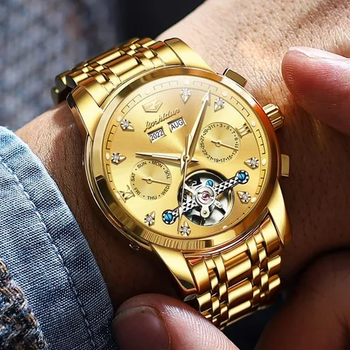 Vista 3 de JSDUN Relojes para hombre automático de cuerda automática, reloj de pulsera mecánico, multicalendario, acero inoxidable, mes, fecha, semana