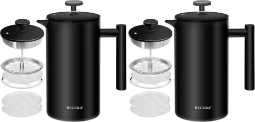 Vista 21 de Secura Cafetera de prensa francesa con filtro de acero inoxidable de 3 capas, 34 onzas, negro, diseño aislado de doble pared con 2 filtros