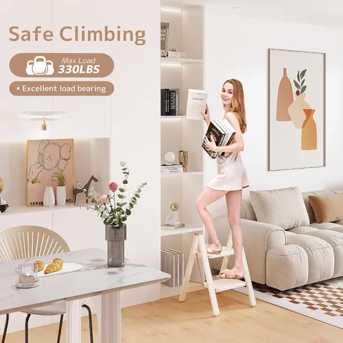 Vista 2 de Escalera plegable de 2 escalones con pedal ancho antideslizante, capacidad de 330 libras, escalera portátil ligera para uso en el hogar y la cocina
