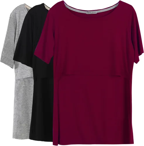 Vista 22 de Smallshow - Camisetas de lactancia para maternidad, manga corta, para mujer Verde militar-negro-gris oscuro (paquete de 3)