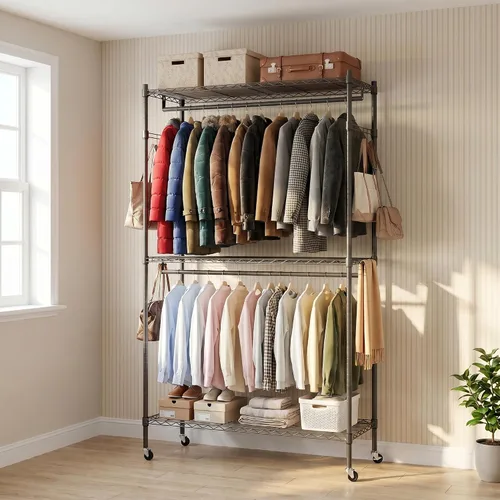 Vista 12 de Himimi Perchero resistente de 3 niveles con ruedas, estante de alambre ajustable con barra para colgar, 4 ganchos laterales, estante de Gris