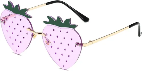 Vista 2 de JOVAKIT Gafas de sol con forma de fresa para mujeres y hombres, gafas de sol retro sin montura para fiesta rave, gafas de Halloween (doradomorado)