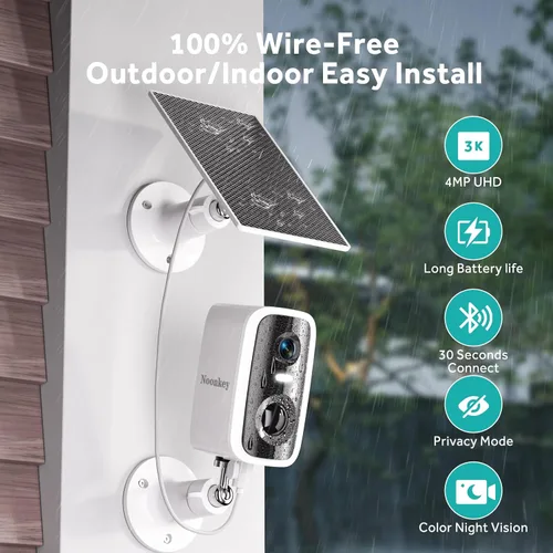 Vista 5 de Noonkey Cámara de seguridad solar de 4MP para exteriores, cámara de batería recargable inalámbrica de 5G y 2.4 GHz con foco/sirena, detección humana