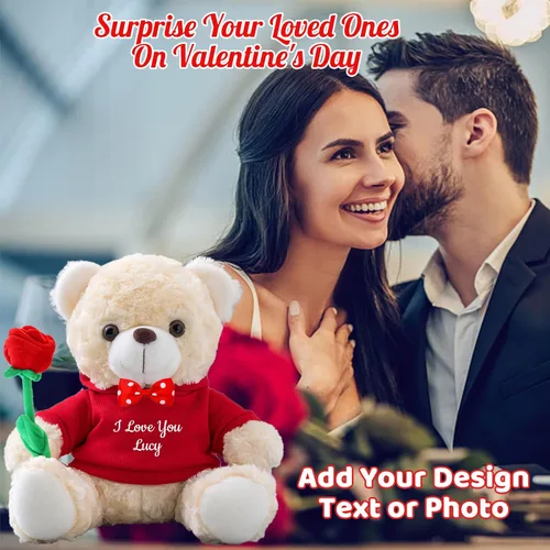Vista 4 de Oso de peluche personalizado con foto y texto personalizado, oso de peluche de San Valentín con rosa y lazo para ella como regalo personalizado