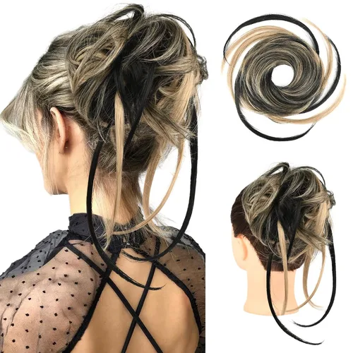 Vista 23 de HOOJIH Pieza de pelo desordenado de moño – Extensiones superlargas despeinadas, cola de caballo ondulada con banda elástica para mujeres y niñas