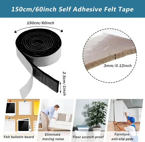 Vista 2 de Shappy Paquete de 2 tiras de fieltro con parte trasera adhesiva, rollo de cinta de fieltro, antideslizantes, autoadhesivas, cortables para muebles