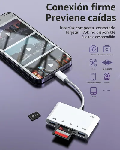 Vista 4 de Adaptador de cargador de lector de tarjetas micro SD Lightning a USB 6 en 1 para iPhone 13 14 Pro Max para iPad Dongle para Apple MFI certificado