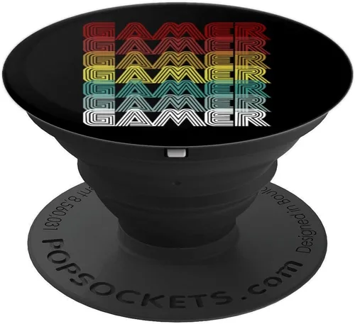 Vista 4 de Jugador de videojuegos retro de estilo antiguo de los años 70 para videojuegos, regalo PopSockets agarre y soporte para teléfonos y tabletas, Negro